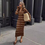 Tineit Elegant Knitted Striped Flare Sleeve Long Dress Women Slim Lapel Single Breasted Female Contrast Dresses 2024 Autumn Lady Robes