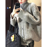 thanksgiving outfit Tineit Loose Lazy Sweater Women Twist Fashion Knit Autumn Winter Warm Cardigan Harajuku Stand Collar Gray Vintage Female Jumpers