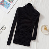 thanksgiving outfit Tineit Pit Stripe Knit Sweater Women Korean Fall Winter Fashion Slim Elegant Solid Half High Collar Long Sleeve Pullover Basic Chic Top