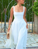 Tineit Simple A line Straps White Satin Evening Dress Ankle Length Prom Dresses BD  (PRE-ORDER)