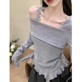 Tineit 2025 New  Fashion Sweet Off Shoulder Bow Lace Up Sweaters Slim Fit Tops Women Y2k Grunge Long Sleeve Cardigan Mujer