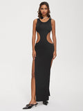 Tineit 2024 New Crew Neck Plain Sleeveless Maxi Dress