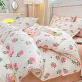 Tineit INS Girls Cherry Bedding Set Soft Washed Cotton Bed Sheet Queen King Size Simple Quilt Cover Pillowcase Bed Linens