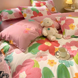 Tineit Green Floral Duvet Cover Set No Filler Pillowcase Flat Sheet Fashion Single Queen Size Girls Blanket Decoration Bedding Set