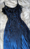 Tineit Elegant A Line Spaghetti Straps Navy Blue Chiffon Beads Long Prom Dresses Formal Dress (PRE-ORDER)