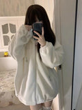 Tineit Japanese Furry Jackets Women's Fall Winter Clothing Fashion Lamb Wool Hooded Zipper Outwear Casual Thicked Coat Cute Y2k Tops