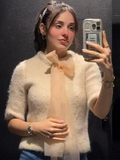 Tineit Knitted Bow Cardigan Women Furry Half Sleeve Elegant Single Breasted Loose Sweater Female 2025 Autumn Casual All-match Coat Tops