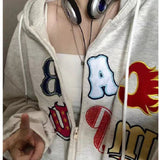 Tineit 2024 Fall Fashion Aesthetic Embroidery Letters Zip Up Hoodie