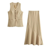 Tineit Women Vest Skirt Sets Female Khaki Long Blazer Vest V Neck Sleeveless Slim Top+Elegant High Waist A Line Skirt Suit