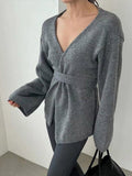 Tineit Gray Knitted Cardigan Women Bandage V-neck Long Sleeve Slim Casual Office Sweater 2025 Autumn Belts Coats Soft Elegant