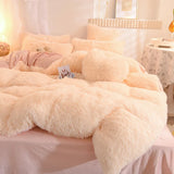 Tineit Luxury Winter Warm Long Plush Pink Bedding Set Queen Mink Velvet Double Duvet Cover Set with Fitted Sheet Warmth Quilt Covers