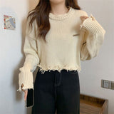 thanksgiving outfit Tineit Hollow Out Knitted Sweater Women Long-Sleeved Harajuku Y2K Chic Loose Lazy Pullover Hip-Hop Spring Fall Female Cropped Tops