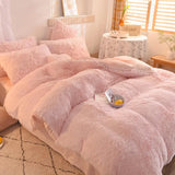 Tineit Luxury Winter Warm Long Plush Pink Bedding Set Queen Mink Velvet Double Duvet Cover Set with Fitted Sheet Warmth Quilt Covers