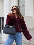 Tineit Burgundy Red Chic Women's Fluffy Faux Fur Short Jacket Women Elegant Lapel Long Sleeve Plush Coat Female Warm Cropped Streetwear