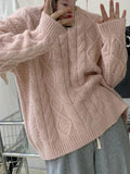 Tineit Solid Crew Neck Cable Knit Sweater