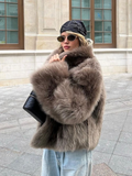 Tineit Chic Stand Collar Faux Fur Short Coat For Women Elegant Fluffy Plush Hidden Buttons Long Sleeve Jacket Female 2024 Warm Outwear