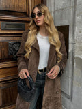 Tineit 2024 New Elegant Suede Lapel Overcoat With Belt Chic Double-breasted Full Sleeve Long Jacket Autumn Female Commute Outwear