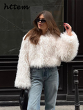 Tineit Elegant Faux Fur Short Jackets Women Loose Solid Round Neck Plush Female Coats 2024 Autumn Winter Lady Fashion Fluffy Outwear