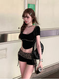 Tineit Summer Woman 2000s Vintage Leopard Shorts Sets Casual Y2k Crop Tops Slim Fashion Shorts Hot Girls Aesthetics Sweet Suit Design