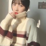 thanksgiving outfit Tineit Zoki Turtleneck Sweaters Women Vintage Striped Fall Winter Casual Thicken Warm Preppy Pullovers Baggy All Match Knitwear Jumper