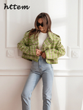 Tineit Vintage Plaid Short Coats Women Loose Lapel Single Breasted Long Sleeve Female Jackets 2024 Autumn Lady Fashion Commute Outwear