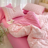 Tineit Duvet Set Korean Princess Pink Seersucker Bedding Kawaii  Duvet Cover Solid Color Queen Size Double Sheets Sets For Girls