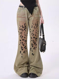 christmas outfit Tineit Women's Light Brown Y2k Leopard Flare Jeans Harajuku Japanese 2000s Style Baggy Denim Trousers Vintage Jean Pants Trashy Clothes