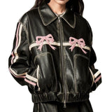 Tineit 2024 Fall Fashion Bow Embroidery Piping Details Leather Jacket