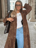 Tineit 2024 New Elegant Suede Lapel Overcoat With Belt Chic Double-breasted Full Sleeve Long Jacket Autumn Female Commute Outwear