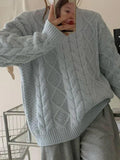 Tineit Solid Crew Neck Cable Knit Sweater