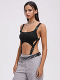 Tineit 2024 New Street Black Slim Cut Out Cyberpunk Bodysuit