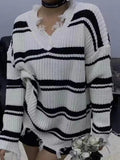 Tineit Striped V Neck Frayed Tassel Knit Sweater