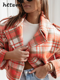 Tineit Vintage Plaid Short Coats Women Loose Lapel Single Breasted Long Sleeve Female Jackets 2024 Autumn Lady Fashion Commute Outwear