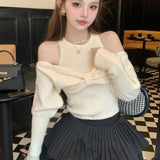 thanksgiving outfit Tineit Sexy Off Shoulder Sweater Women Christmas Elegant Manners Bow Solid Two Piece Knit Jumpers Chic Vest Commuter Office Lady Tops