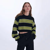 thanksgiving outfit Tineit Y2K Green Striped Crop Knit Sweater Women Korean Vintage Streetwear Long Sleeve Pullover Female Loose All-Match Short Jumper