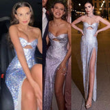 Tineit Sexy Mermaid Strapless Sequin Long Silver Slit Prom Dresses Evening Dress (PRE-ORDER)