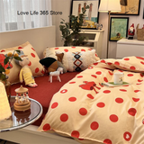 Tineit Red Spot Bed Set Heart Love Quilt Cover Polyester Bedding Sheet Fashion Women Adults Single Double Full Size Bedroom Decor