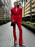 Tineit Elegant Red Lace Up Lapel Collar Suit Jacket For Women Stylish Flap Pockets Long Sleeved Blazer Coat Chic Female Commute Outwear