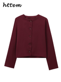 Tineit Casual Wine Red Women's Short Jacket Elegant O-neck Single-breasted Full Sleeve Coats 2024 Autumn Lady Office Street Outwear New