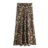 Tineit 2024 Summer Woman Leopard Print Skirt Vintage High Waist Loose Midi Skirts Chic Elegant Casual Streetwear Women's Skirt