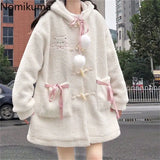 Tineit Winter Coat Warm 2025 Women Clothing Preppy Style Fashion Thicked Hooded Outwear Oversized Tops Pockets Bow Cartoon Cute Jackets