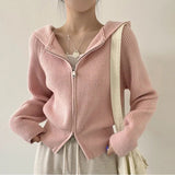 Tineit Vintage Knitted Hooded Zip Up Cardigan