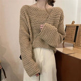 thanksgiving outfit Tineit Sexy Hollow Out Knit Sweater Women Y2K Korean Loose Long Sleeve O Neck Pullovers Autumn Thick Warm Solid All Match Jumpers New