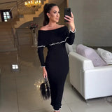 Tineit Elegant Knit Off Shoulder Midi Dress Women Slim Slash Neck Long Sleeve Hip Package Female Dresses 2024 Autumn Lady Casual Robes