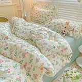 Tineit Ins Korean Style Duvet Cover Set with Flat Sheet Pillowcase No filler Washed Cotton Queen Full Twin Cute Floral Bedding Set