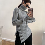 thanksgiving outfit Tineit Zoki Autumn Warm Turtleneck Knit Sweater Women Fashion Split Irregular Slim Chic Pullover Korean Thick Solid All Match Jumpers