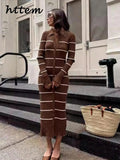 Tineit Elegant Knitted Striped Flare Sleeve Long Dress Women Slim Lapel Single Breasted Female Contrast Dresses 2024 Autumn Lady Robes