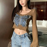 thanksgiving outfit Tineit Butterfly Denim Patchwork Sweater Women Jazz V-Neck Flare Sleeve Hollow Out Knitted Pullover Hot Slim Sexy Cropped Tops