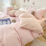 Tineit 2024 New Bedding Set Ins Nordic Style Pink Grid Washed Cotton 4 pcs Bed Sheet Set For Girls Duvet Cover and Pillowcase