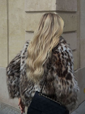 Tineit New Fashion Leopard Printed Warm Faux Fur Coat Chic Lapel Long Sleeve Women's Fluffy Furry Jacket Thick Lady Chic Outerwear 2024